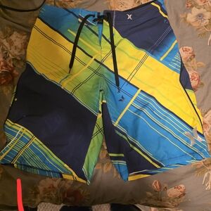 Hurley Blue and Yellow Board Shorts with Dynamic Stripes